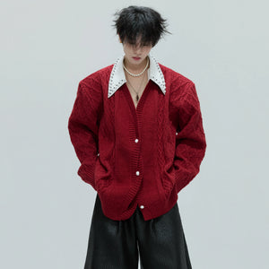 Pearl-Trimmed Wool Blend Cardigan with Contrast Collar - main image 1