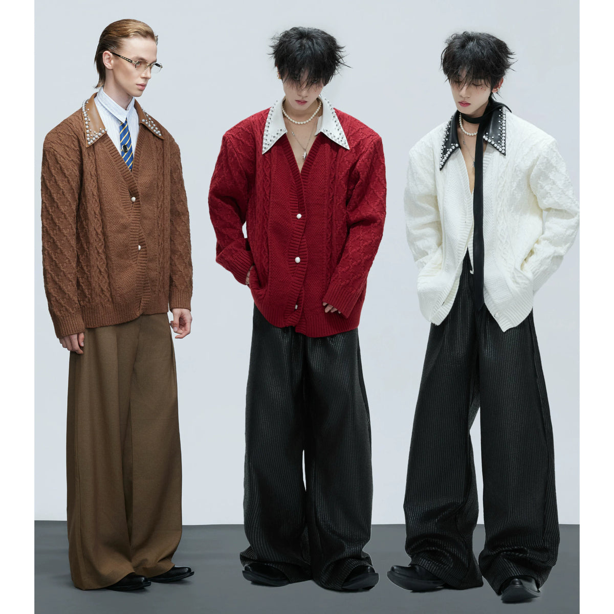 Pearl-Trimmed Wool Blend Cardigan with Contrast Collar - main image 5