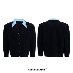 Pearl-Trimmed Wool Blend Cardigan with Contrast Collar - Black Top