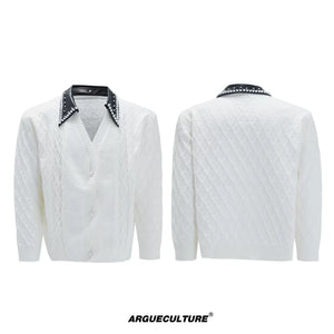 Pearl-Trimmed Wool Blend Cardigan with Contrast Collar - White Top