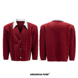 Pearl-Trimmed Wool Blend Cardigan with Contrast Collar - Red Top