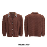 Pearl-Trimmed Wool Blend Cardigan with Contrast Collar - Brown Top