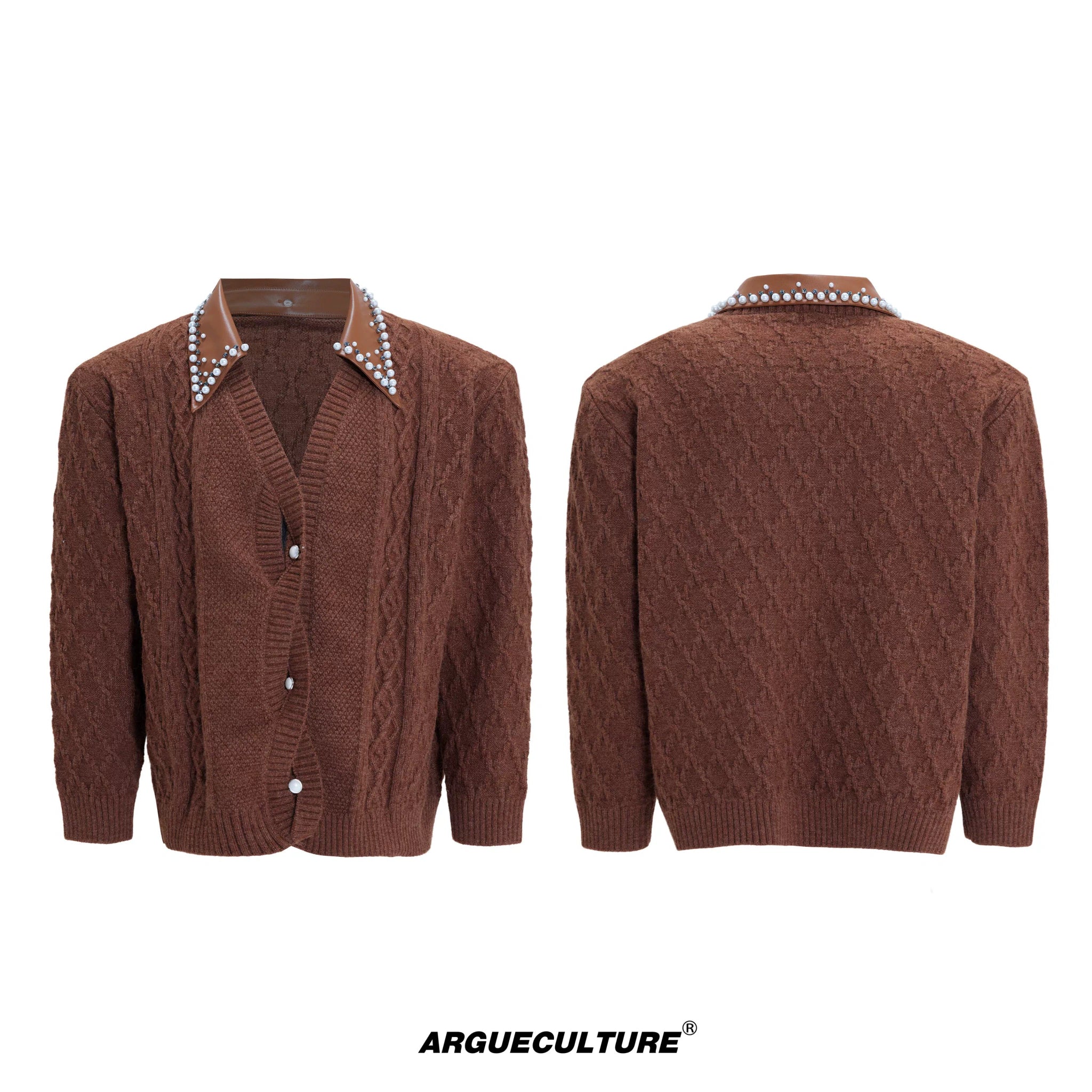 Pearl-Trimmed Wool Blend Cardigan with Contrast Collar - Brown Top
