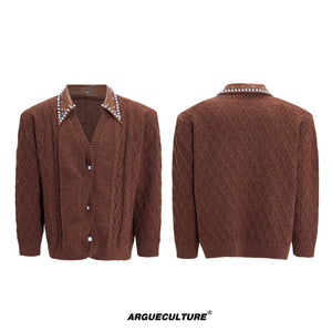 Pearl-Trimmed Wool Blend Cardigan with Contrast Collar - Brown Top