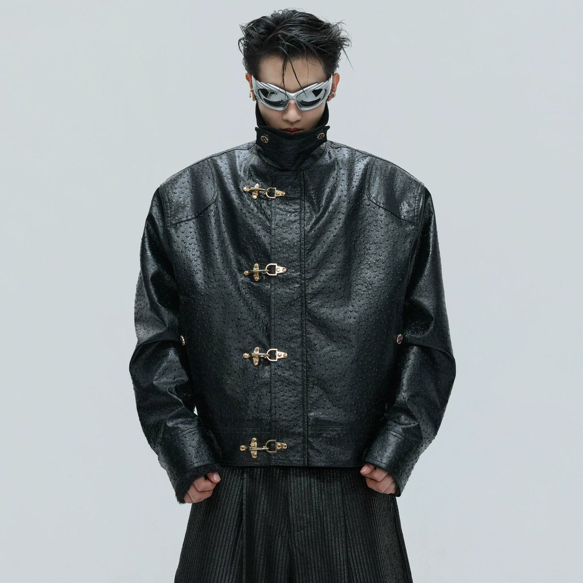Ostrich Leather Padded Jacket with Flight Buckles - main image 1