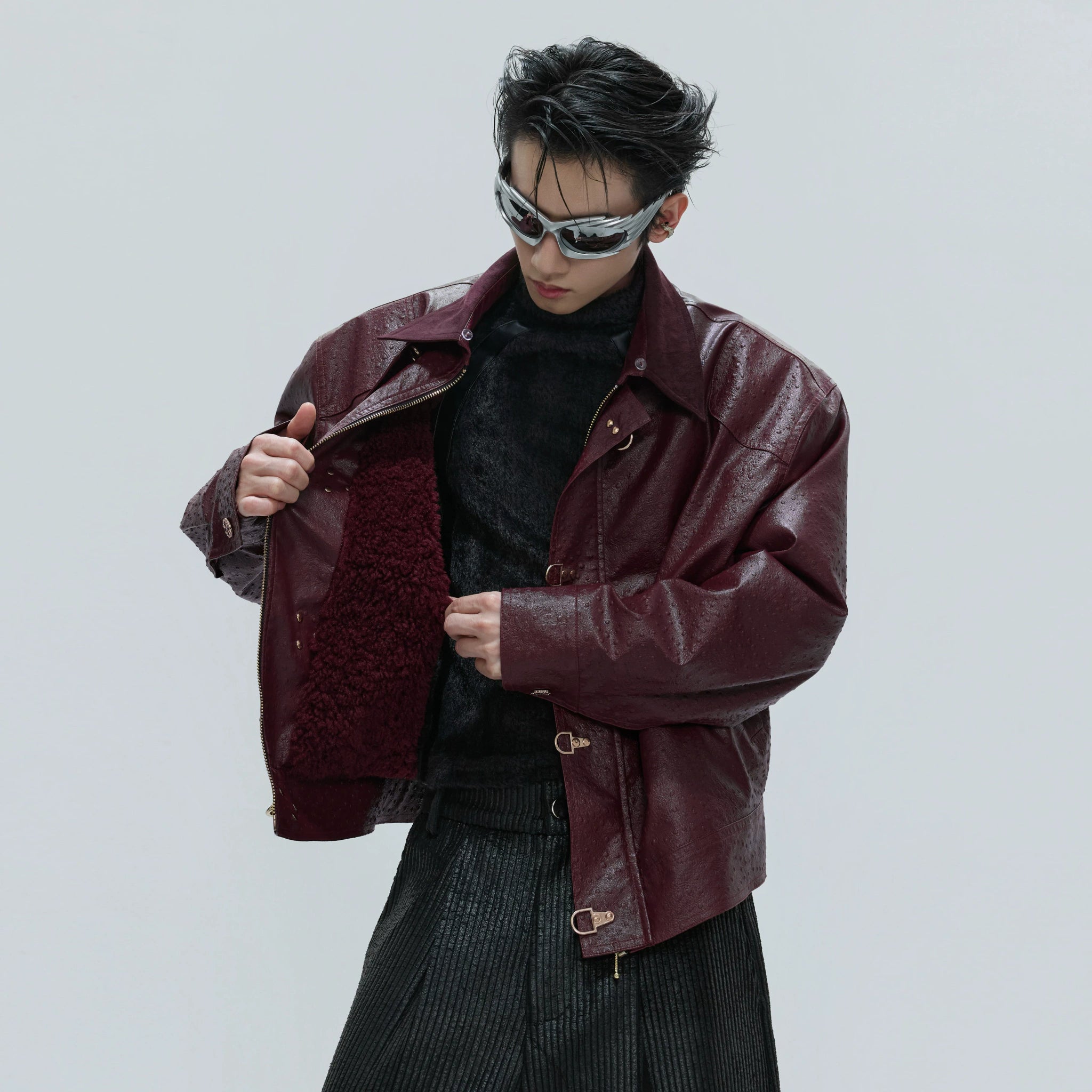 Ostrich Leather Padded Jacket with Flight Buckles - main image 3
