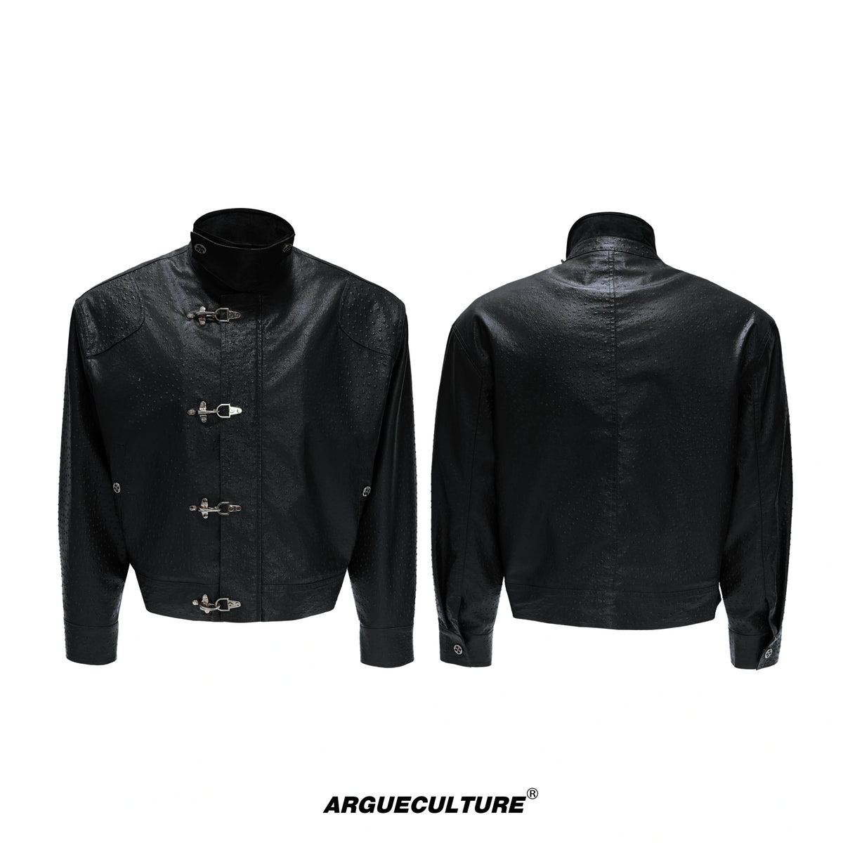 Ostrich Leather Padded Jacket with Flight Buckles - Black Top
