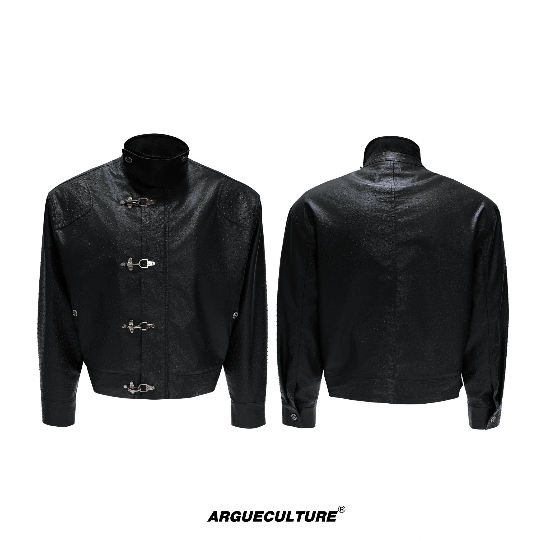 Ostrich Leather Padded Jacket with Flight Buckles - Black Top