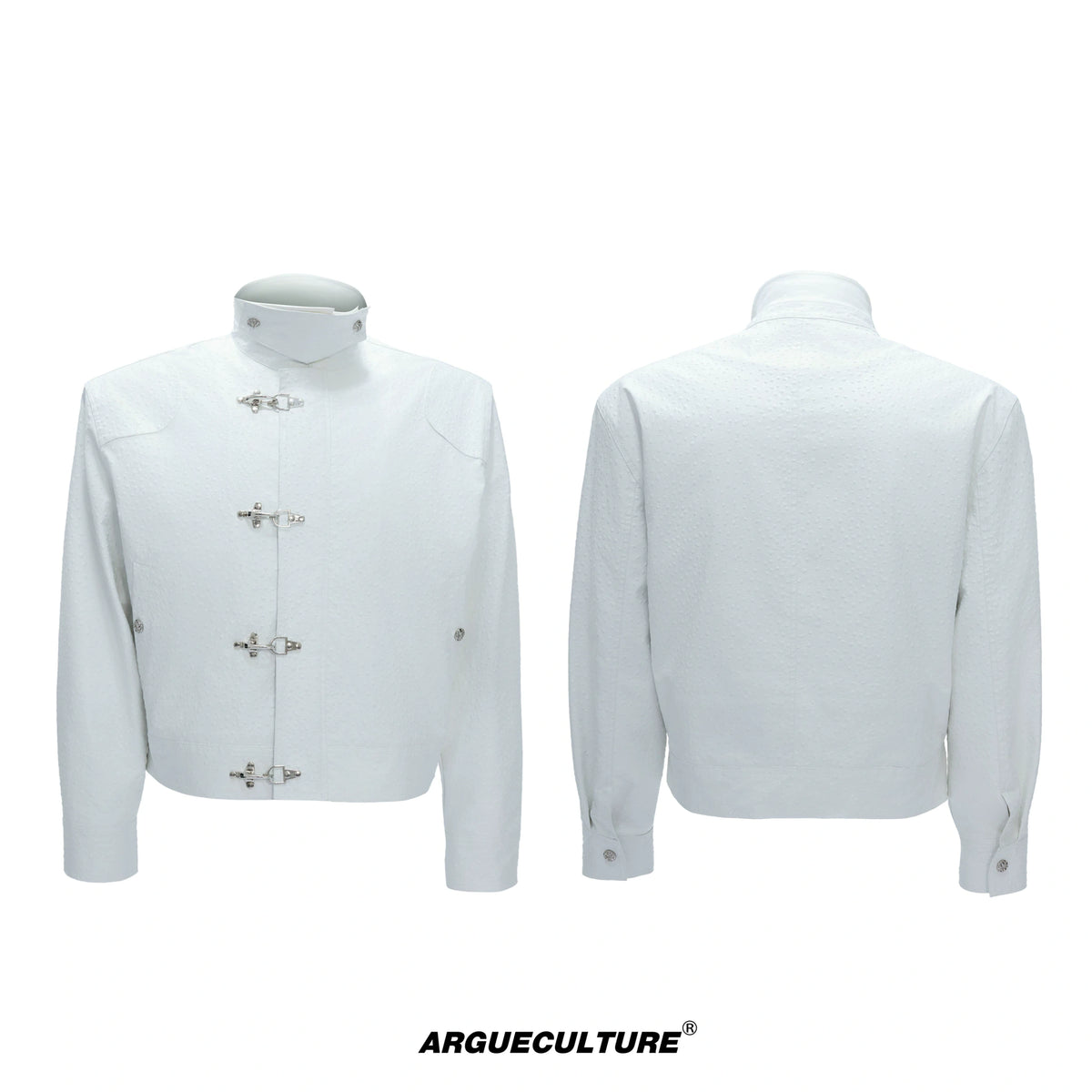 Ostrich Leather Padded Jacket with Flight Buckles - White Top