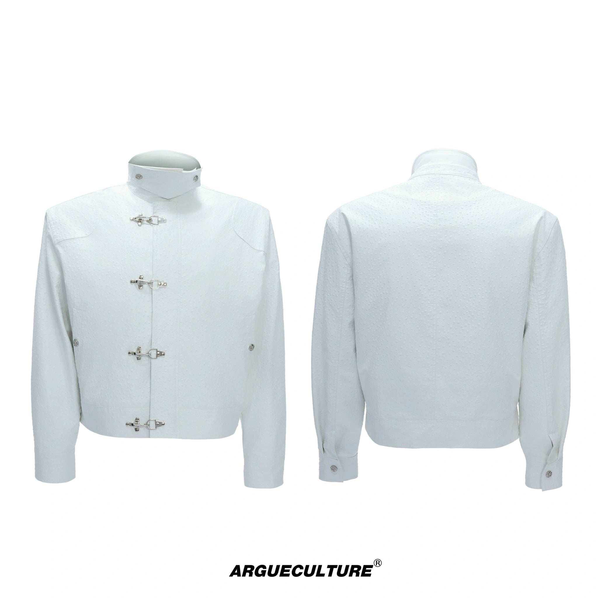 Ostrich Leather Padded Jacket with Flight Buckles - White Top