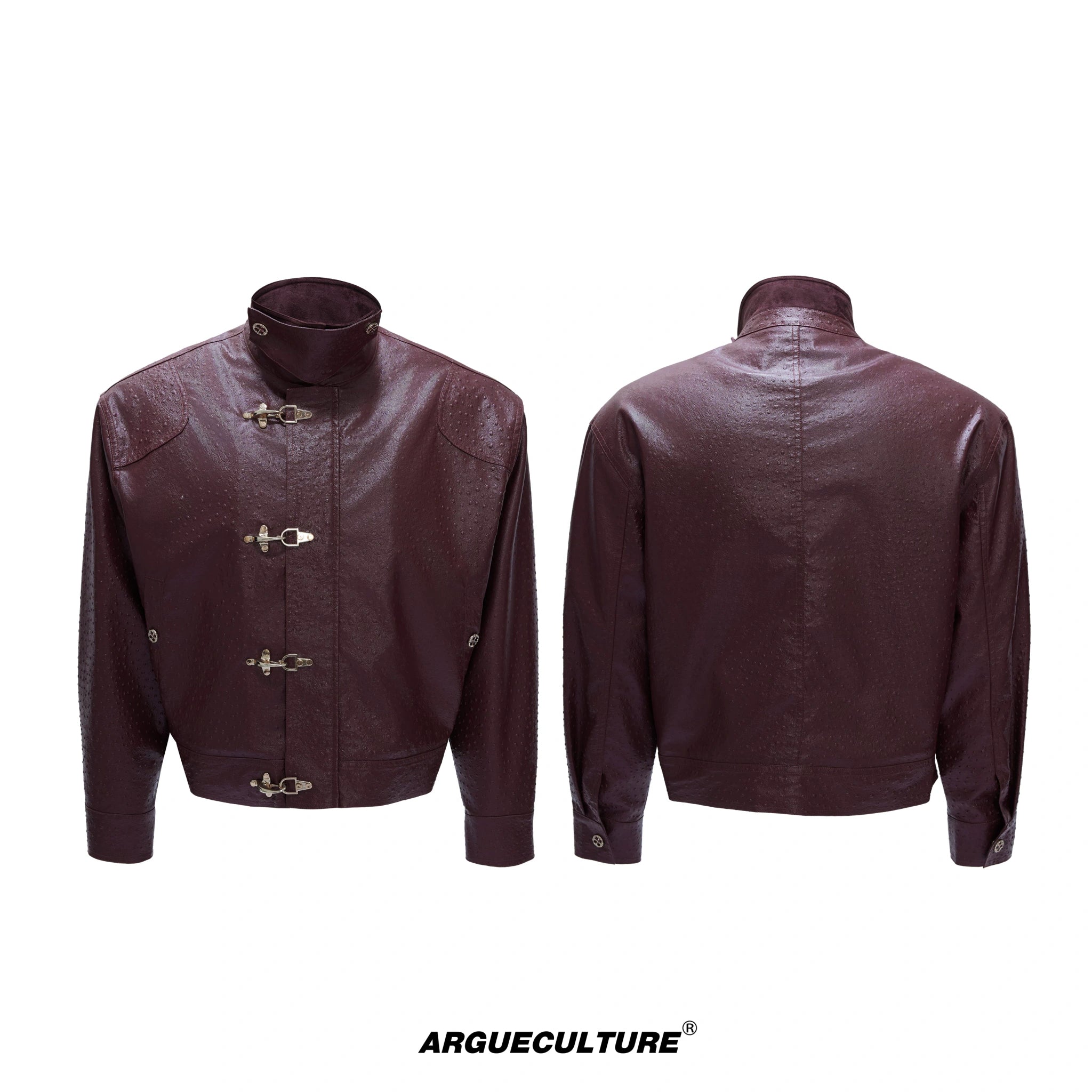 Ostrich Leather Padded Jacket with Flight Buckles - Red Top