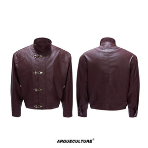 Ostrich Leather Padded Jacket with Flight Buckles - Red Top