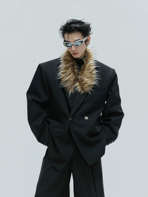 Detachable Fur-Collar Wool Suit Set in Black - main image 2