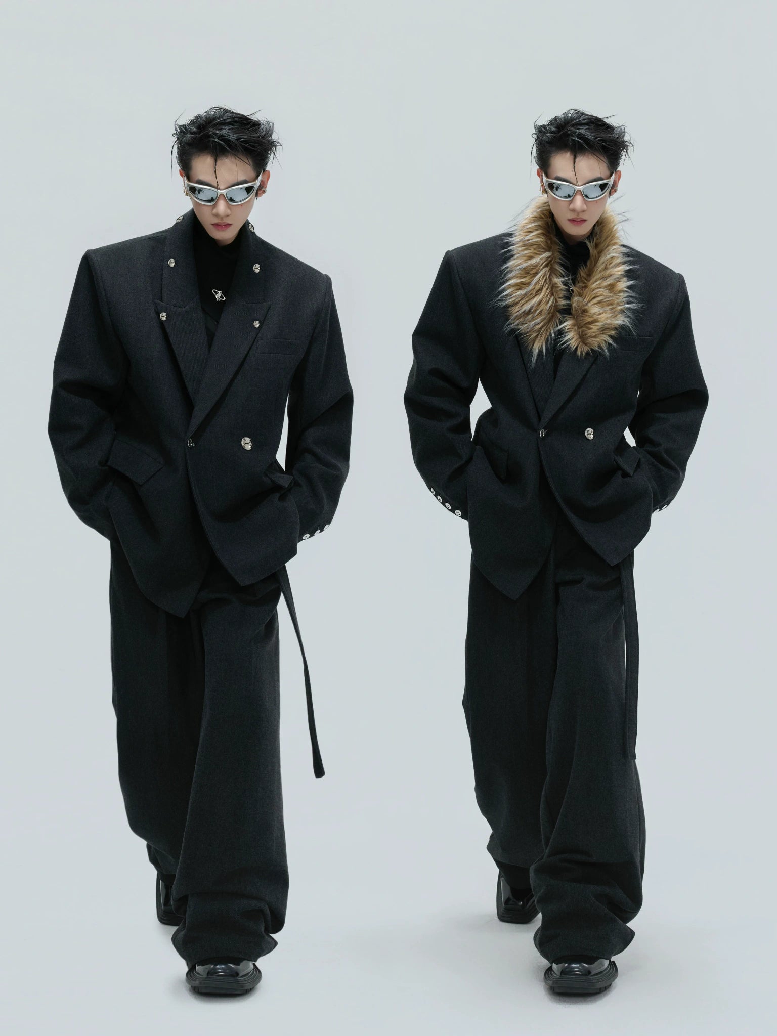 Detachable Fur-Collar Wool Suit Set in Black - main image 4