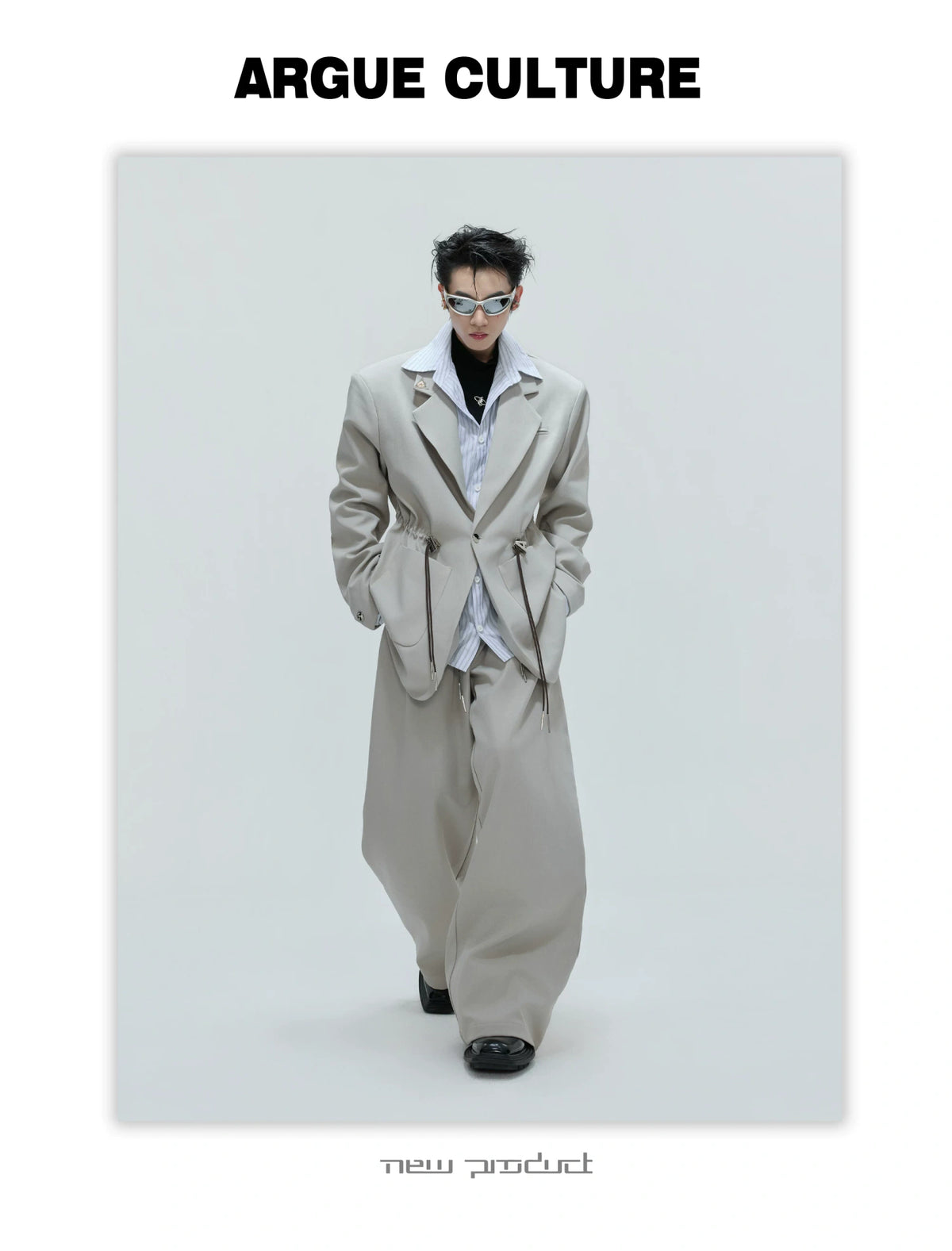 Asymmetric Wool-Blend Suit Jacket with Cinched Waist - description image 2