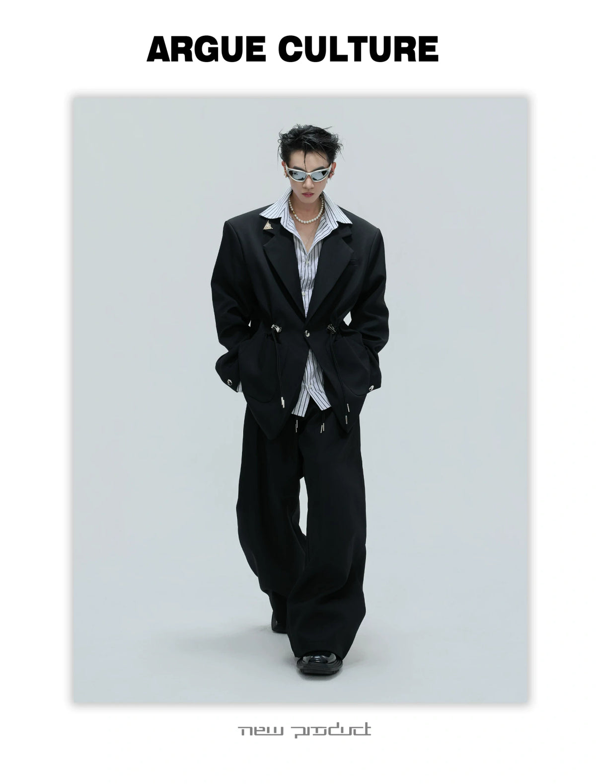 Asymmetric Wool-Blend Suit Jacket with Cinched Waist - description image 7