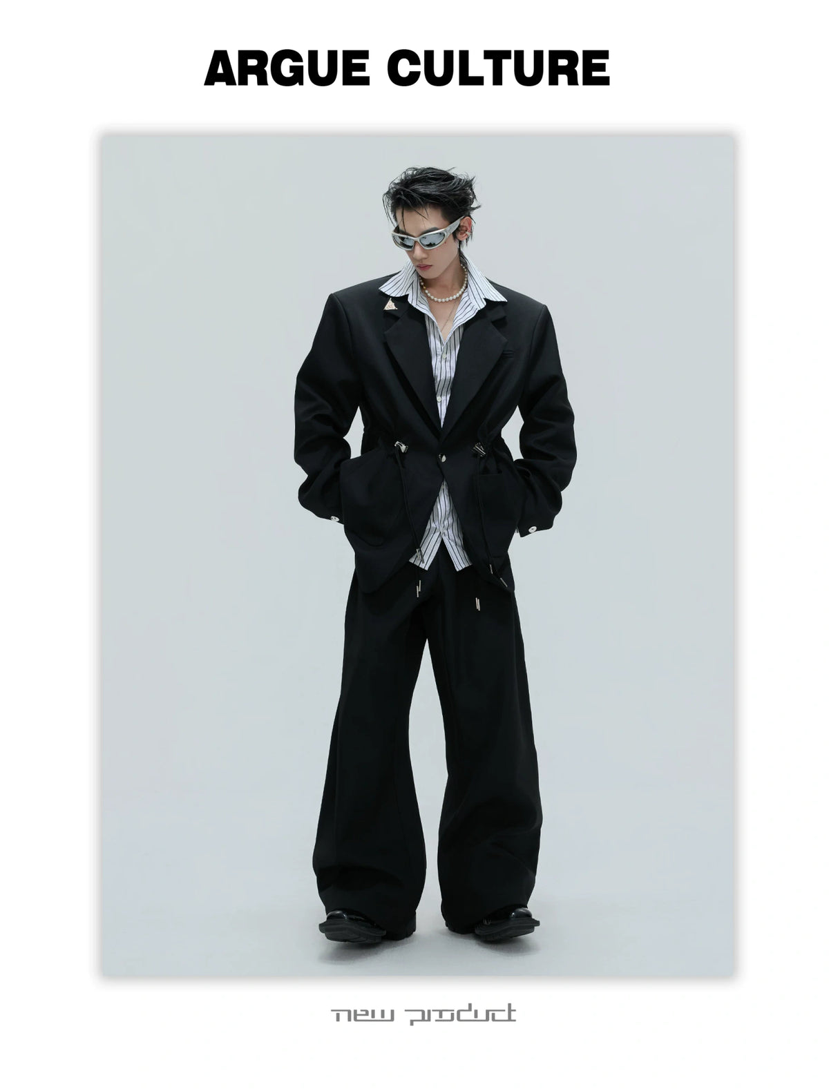 Asymmetric Wool-Blend Suit Jacket with Cinched Waist - description image 8