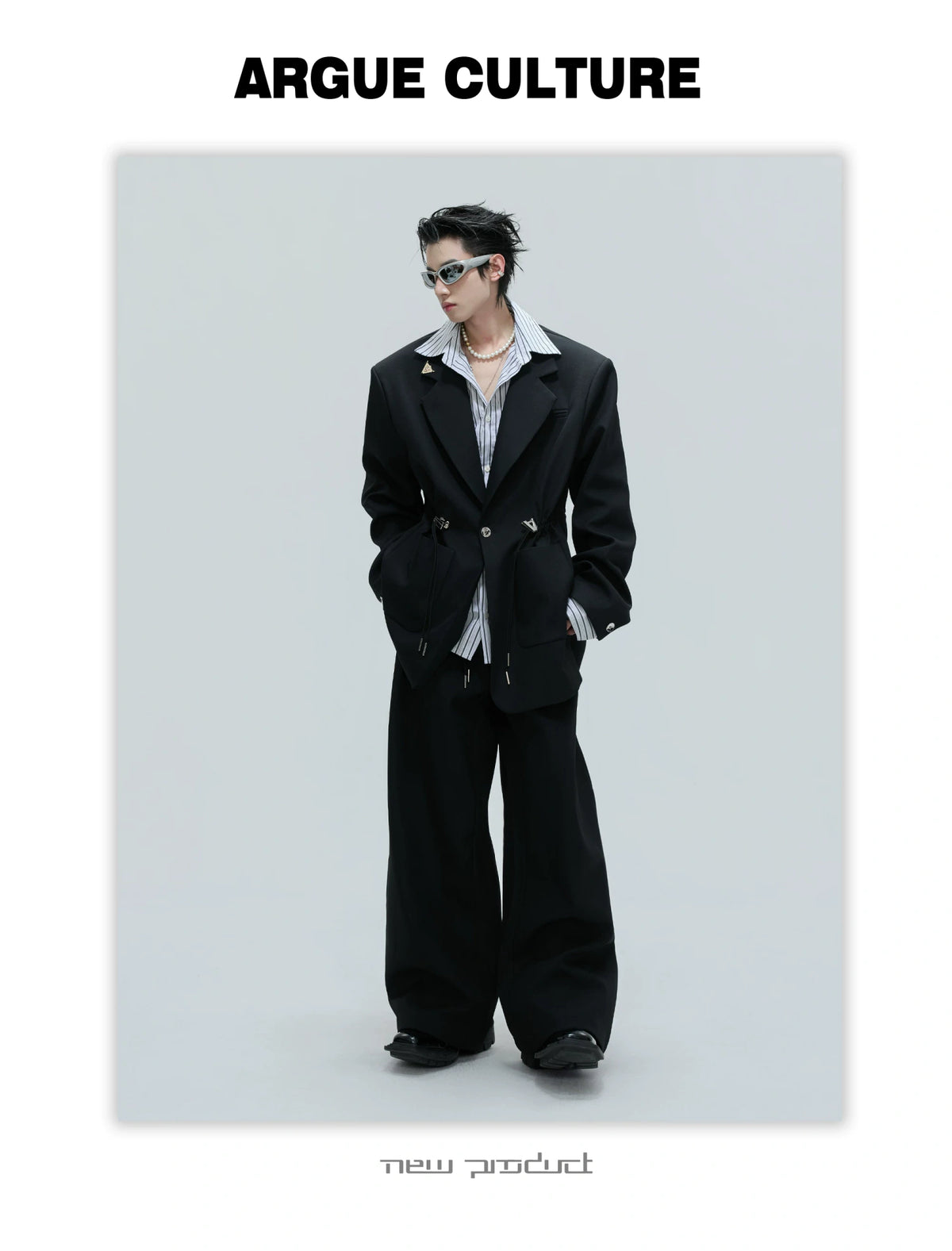 Asymmetric Wool-Blend Suit Jacket with Cinched Waist - description image 9