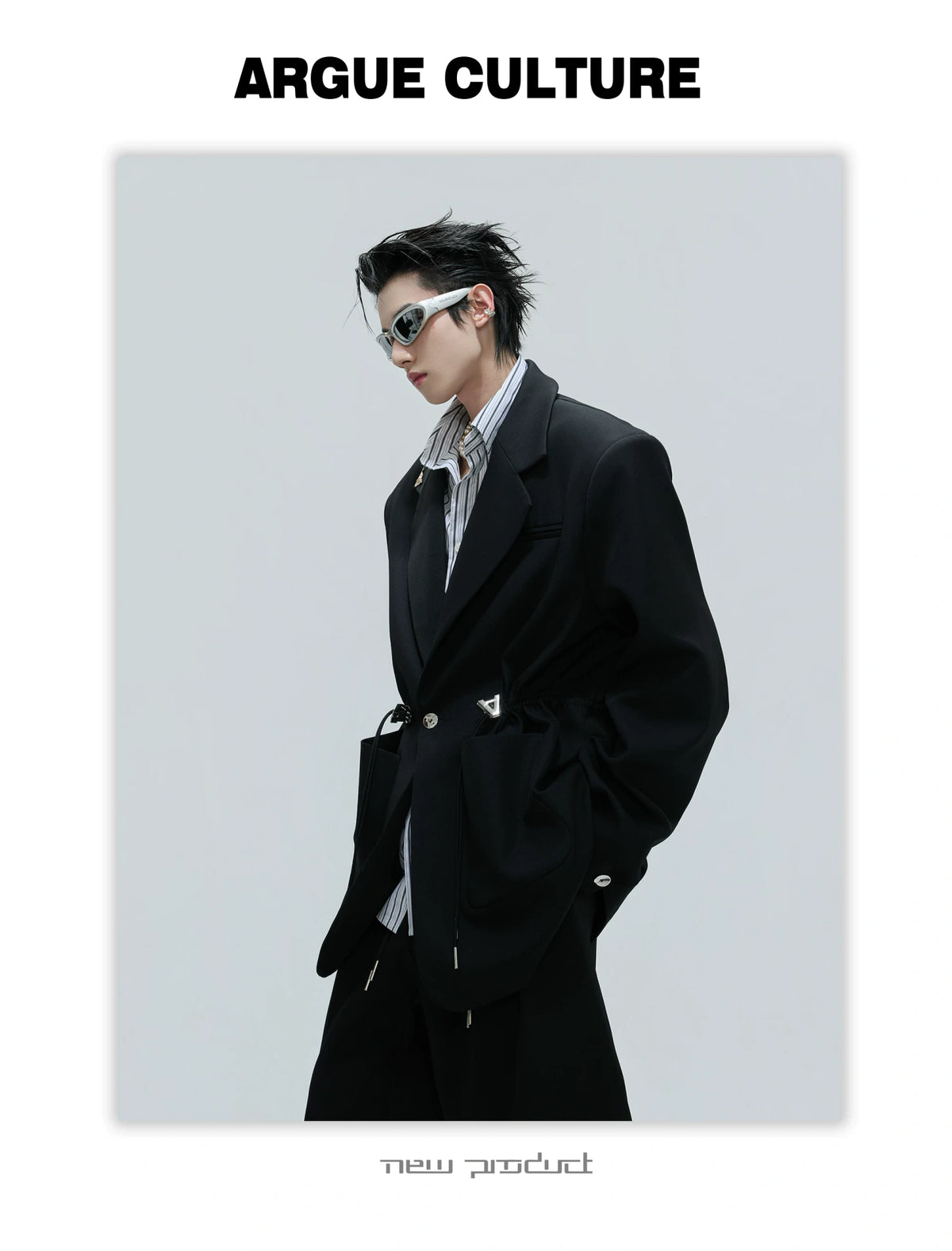 Asymmetric Wool-Blend Suit Jacket with Cinched Waist - description image 11