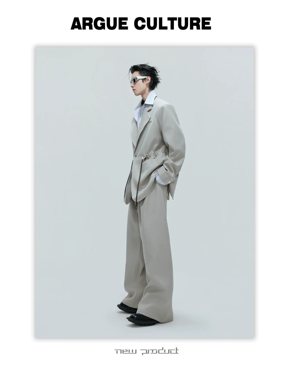 Asymmetric Wool-Blend Suit Jacket with Cinched Waist - description image 13
