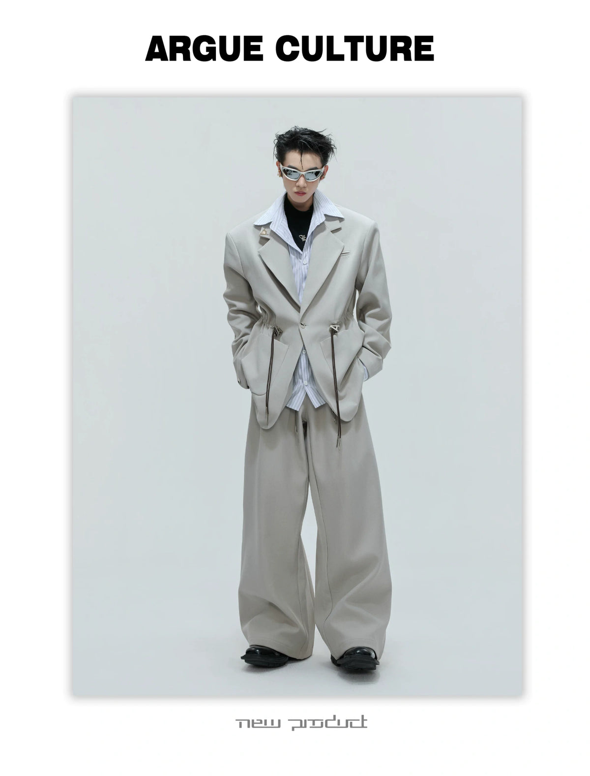 Asymmetric Wool-Blend Suit Jacket with Cinched Waist - description image 16
