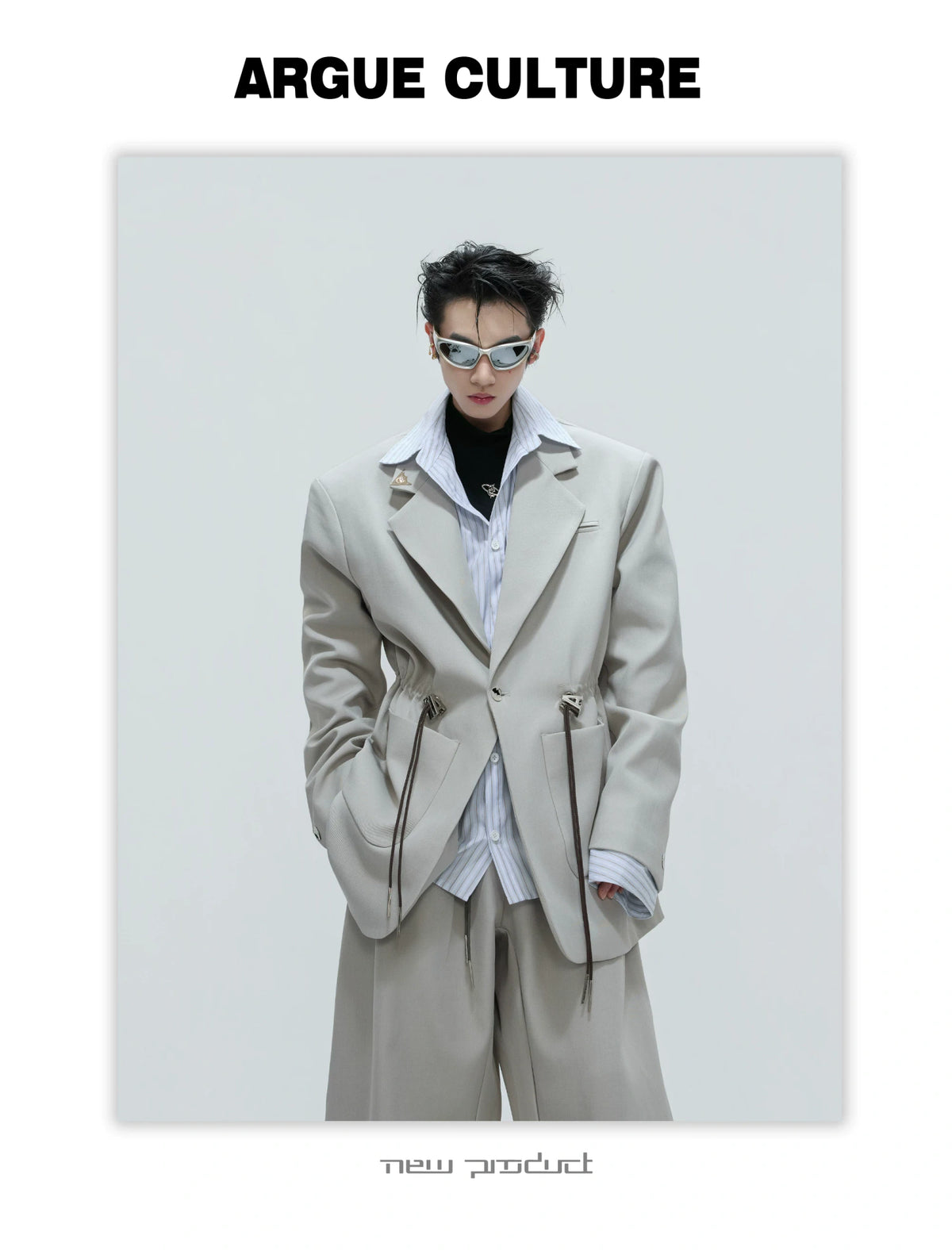 Asymmetric Wool-Blend Suit Jacket with Cinched Waist - description image 17
