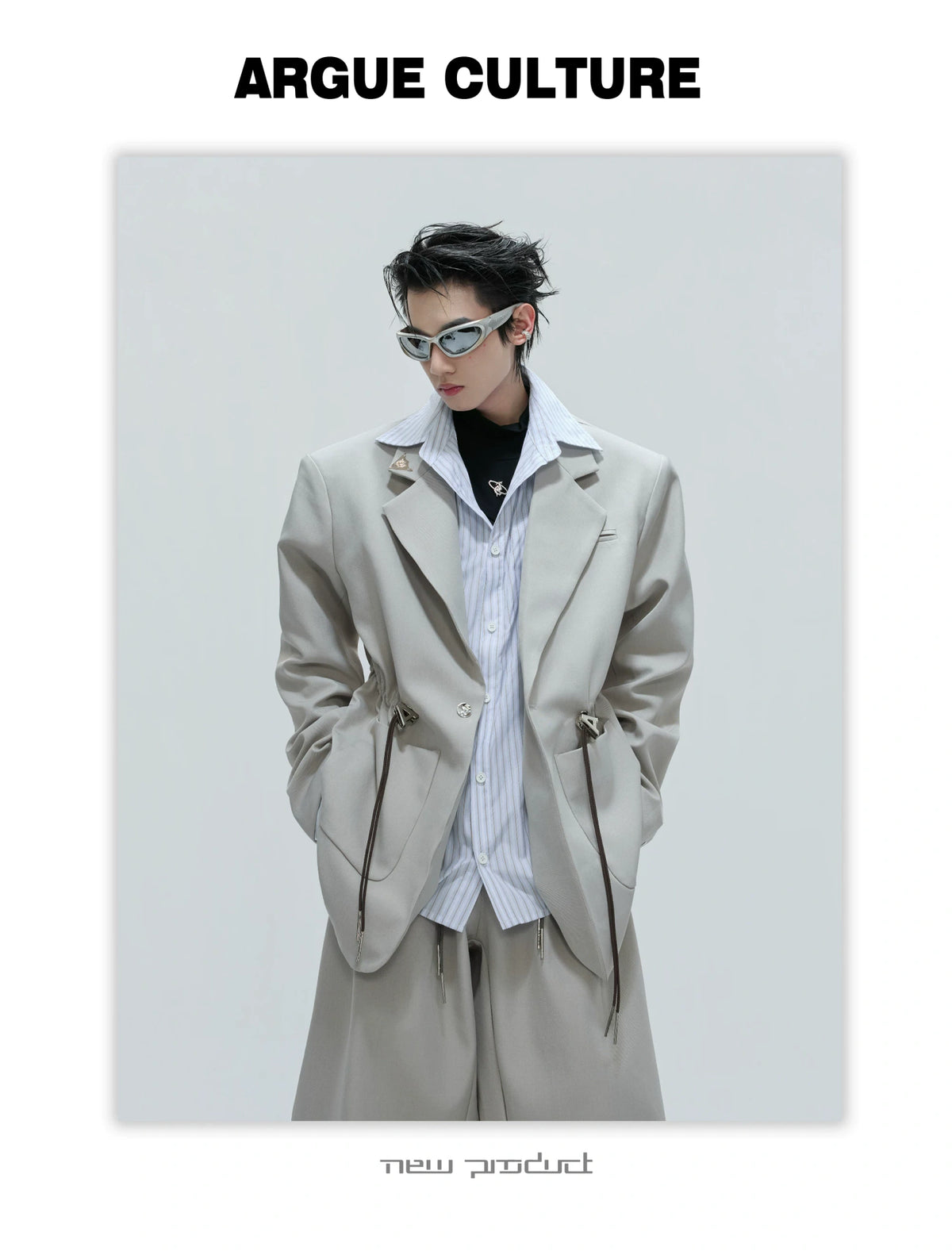 Asymmetric Wool-Blend Suit Jacket with Cinched Waist - description image 19