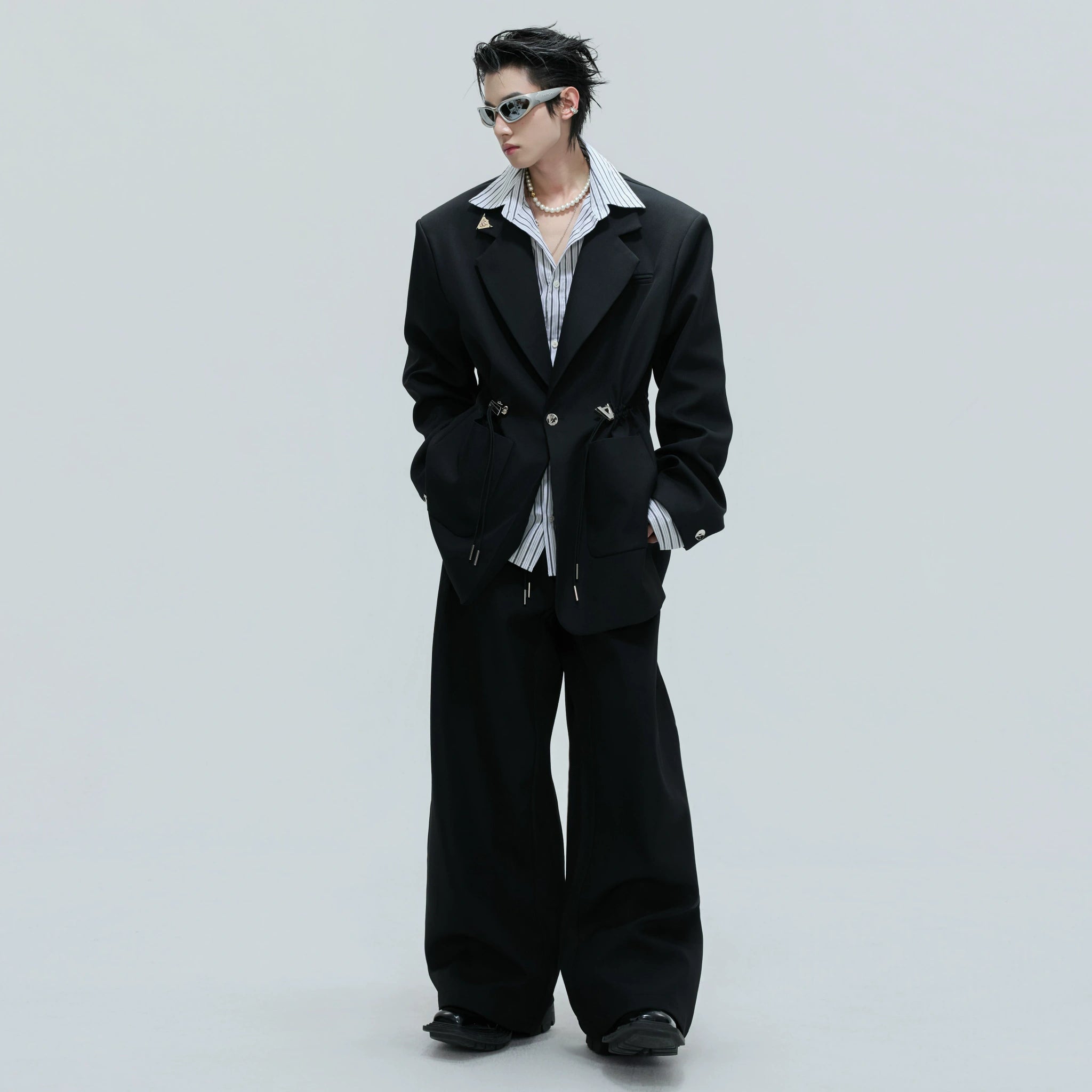 Asymmetric Wool-Blend Suit Jacket with Cinched Waist - main image 3