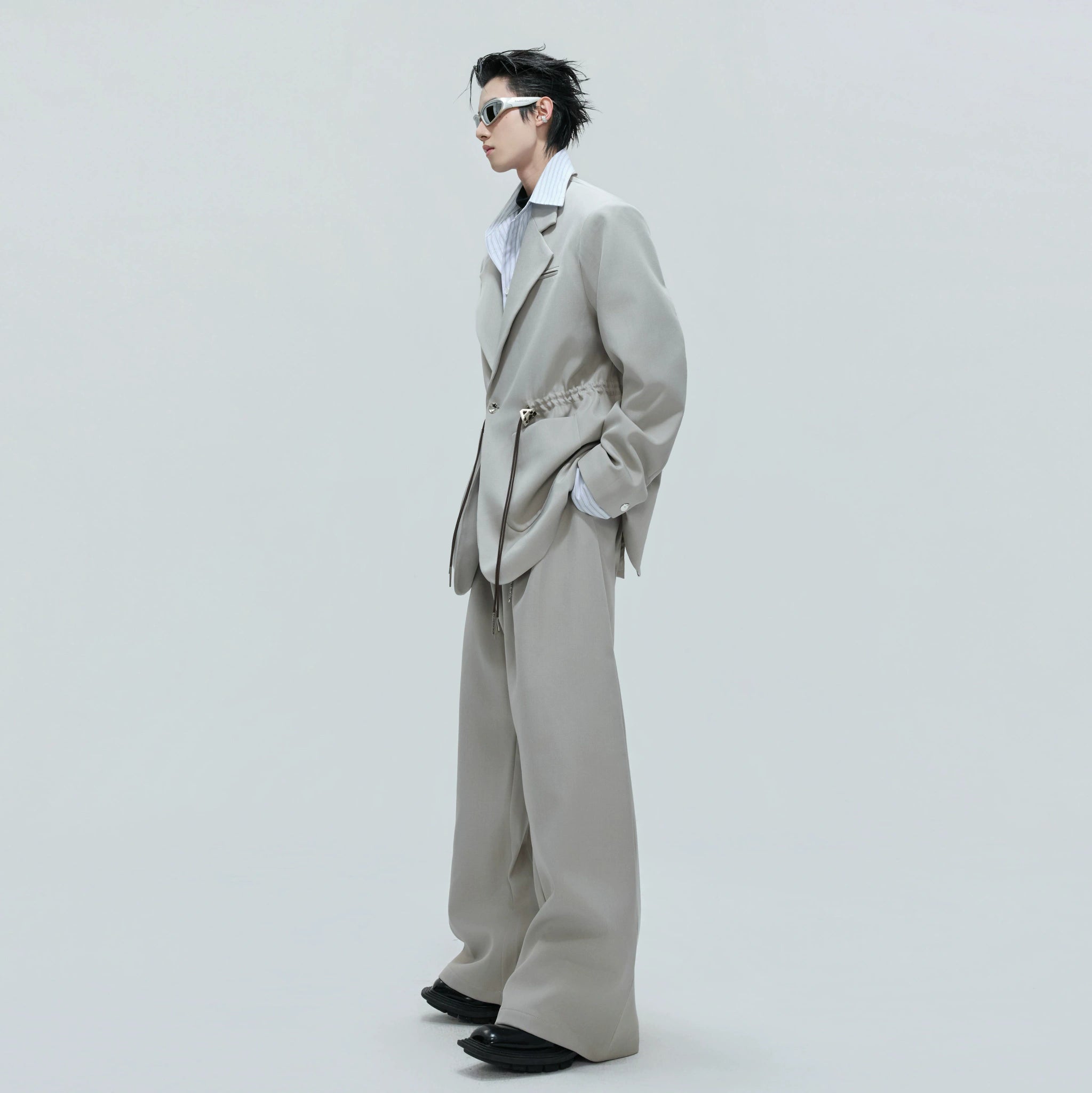 Asymmetric Wool-Blend Suit Jacket with Cinched Waist - main image 4