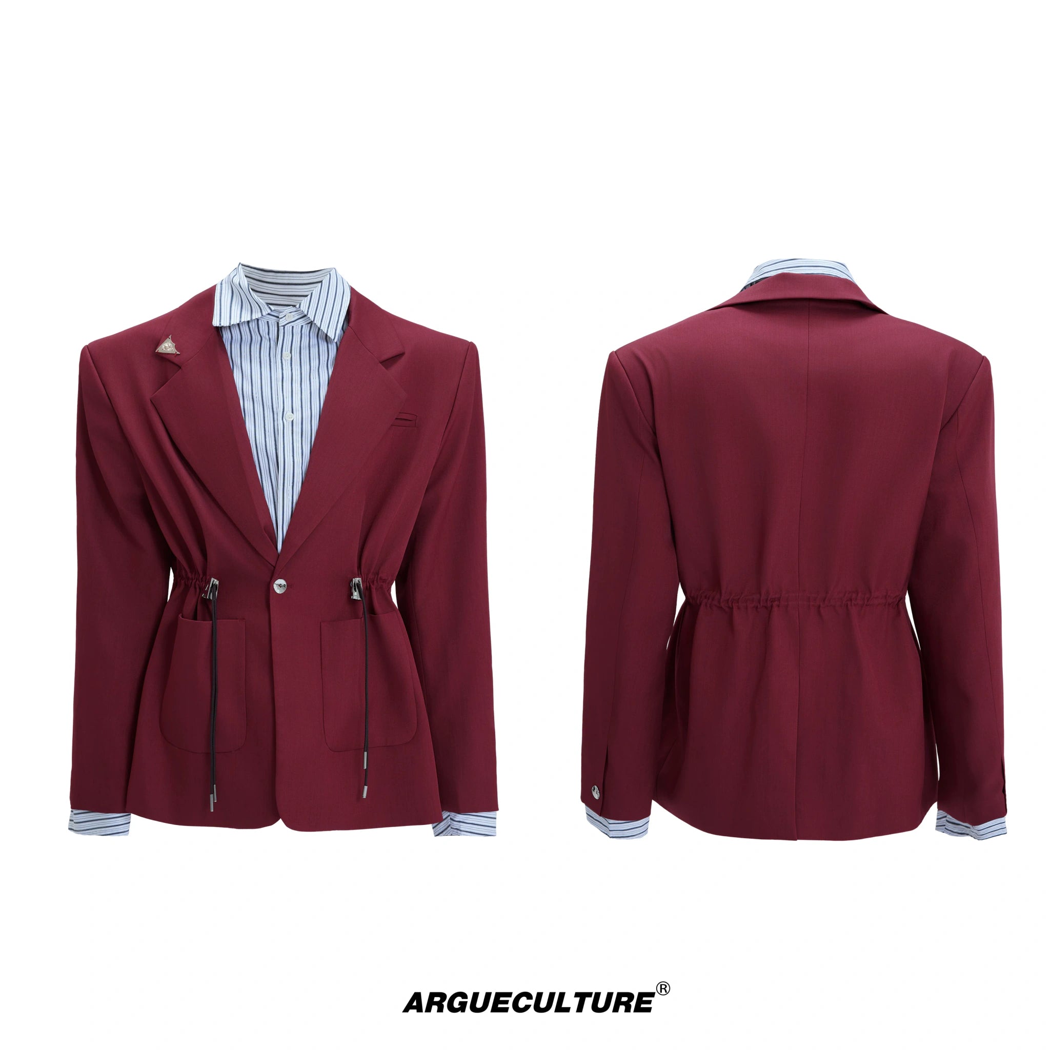 Asymmetric Wool-Blend Suit Jacket with Cinched Waist - Red Top