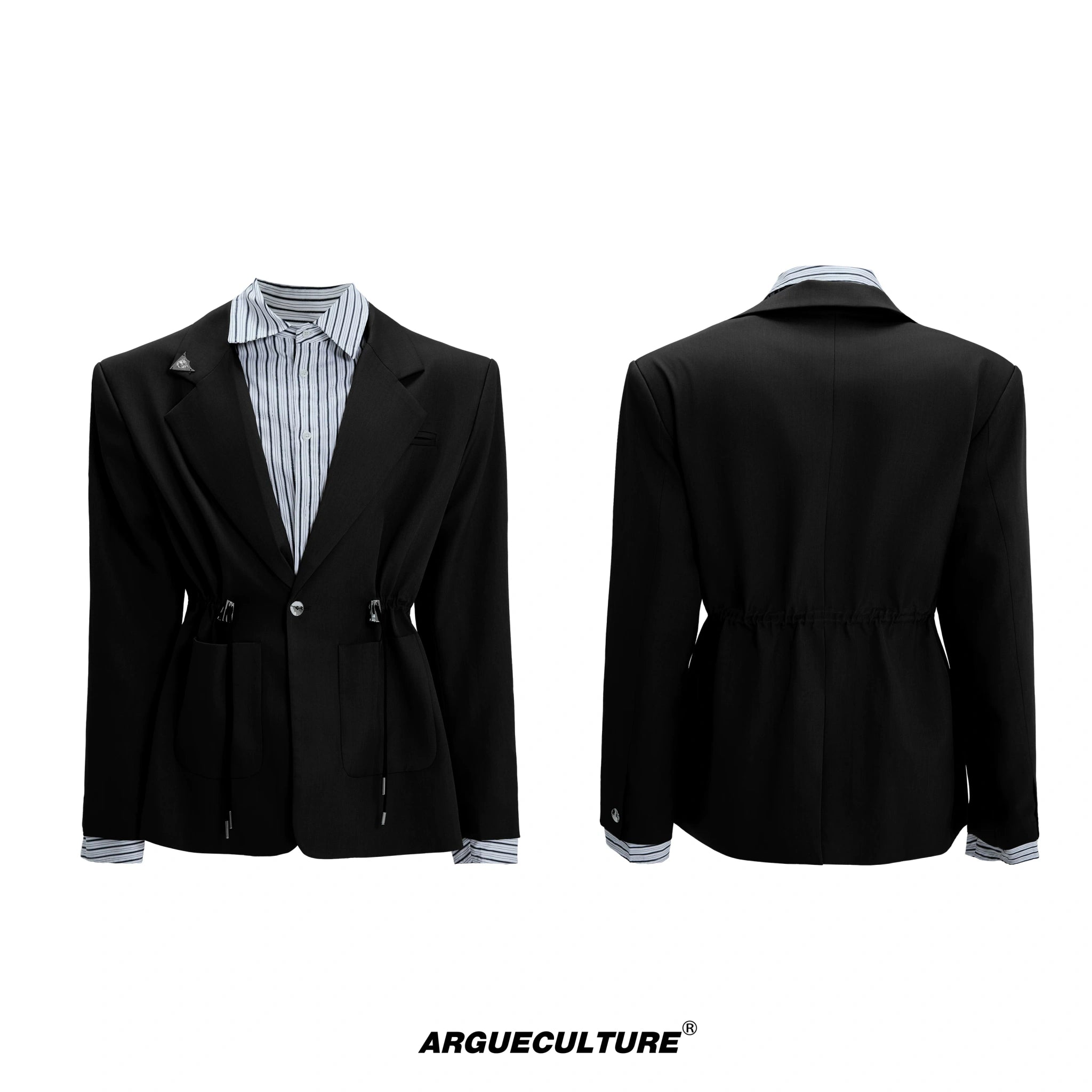 Asymmetric Wool-Blend Suit Jacket with Cinched Waist - Black Top