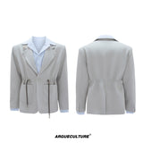 Asymmetric Wool-Blend Suit Jacket with Cinched Waist - White Top