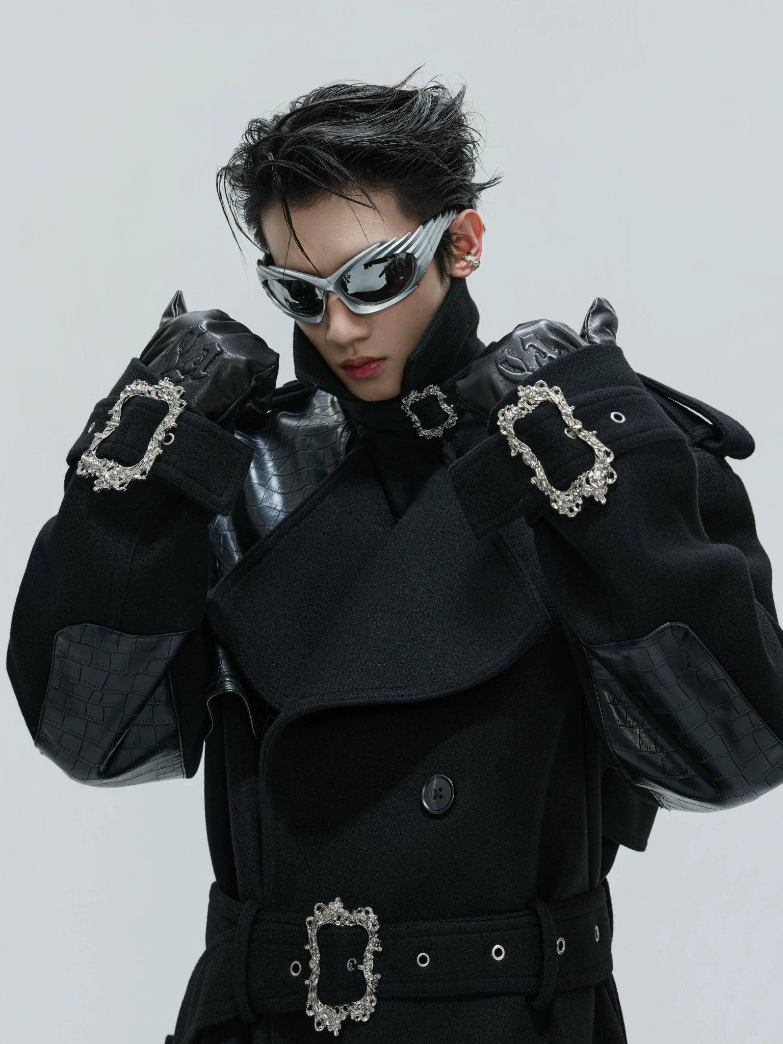 Croc-Texture Panel Relaxed Long Coat | Streetwear - main image 3