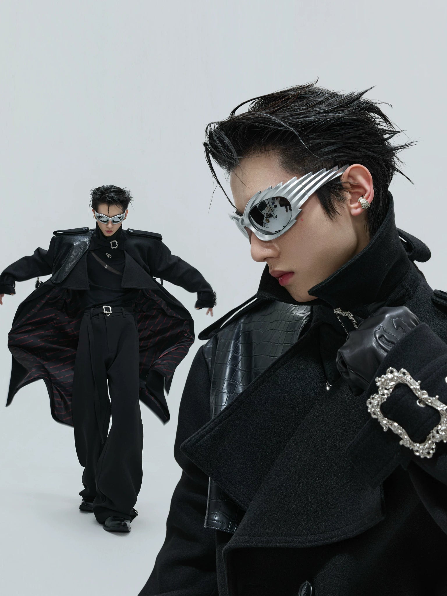 Croc-Texture Panel Relaxed Long Coat | Streetwear - main image 4