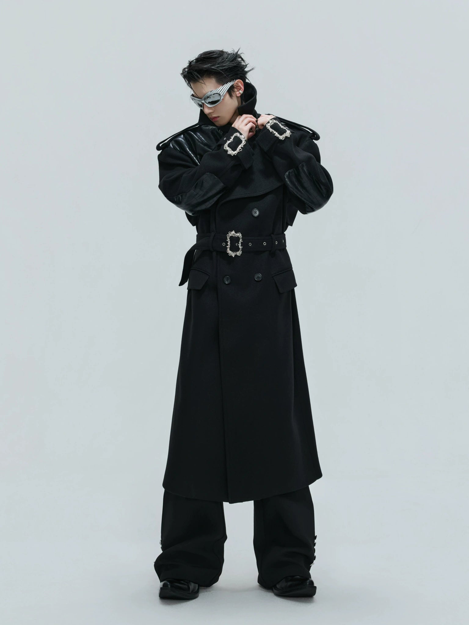 Croc-Texture Panel Relaxed Long Coat | Streetwear - main image 5