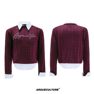 Pearl-Logo Two-Piece Wool-Blend Knit Sweater - Red Top