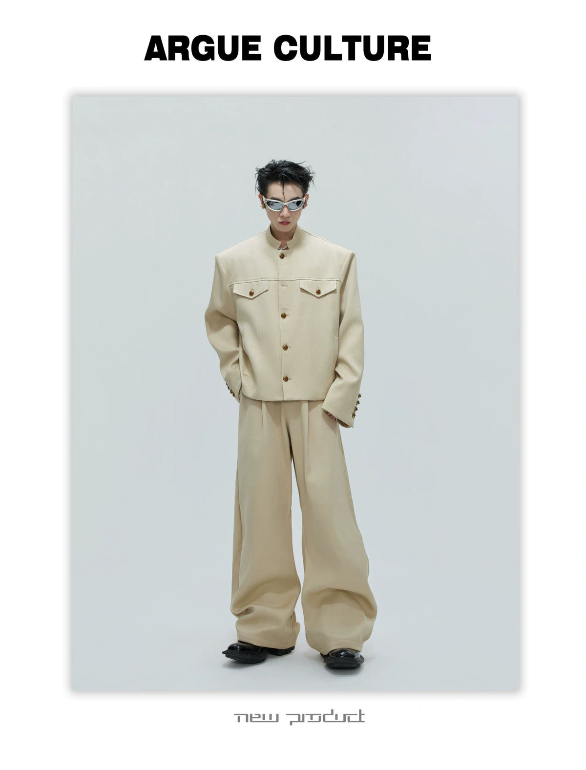Cropped Stand-Collar Cotton-Wool Jacket Set - description image 1
