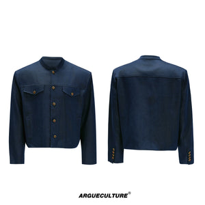Cropped Stand-Collar Cotton-Wool Jacket Set - Blue Top