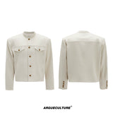 Cropped Stand-Collar Cotton-Wool Jacket Set - Khaki Top