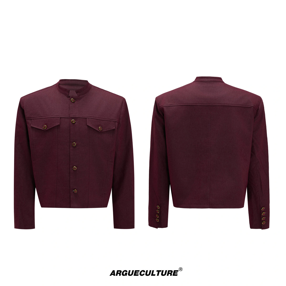 Cropped Stand-Collar Cotton-Wool Jacket Set - Red Top