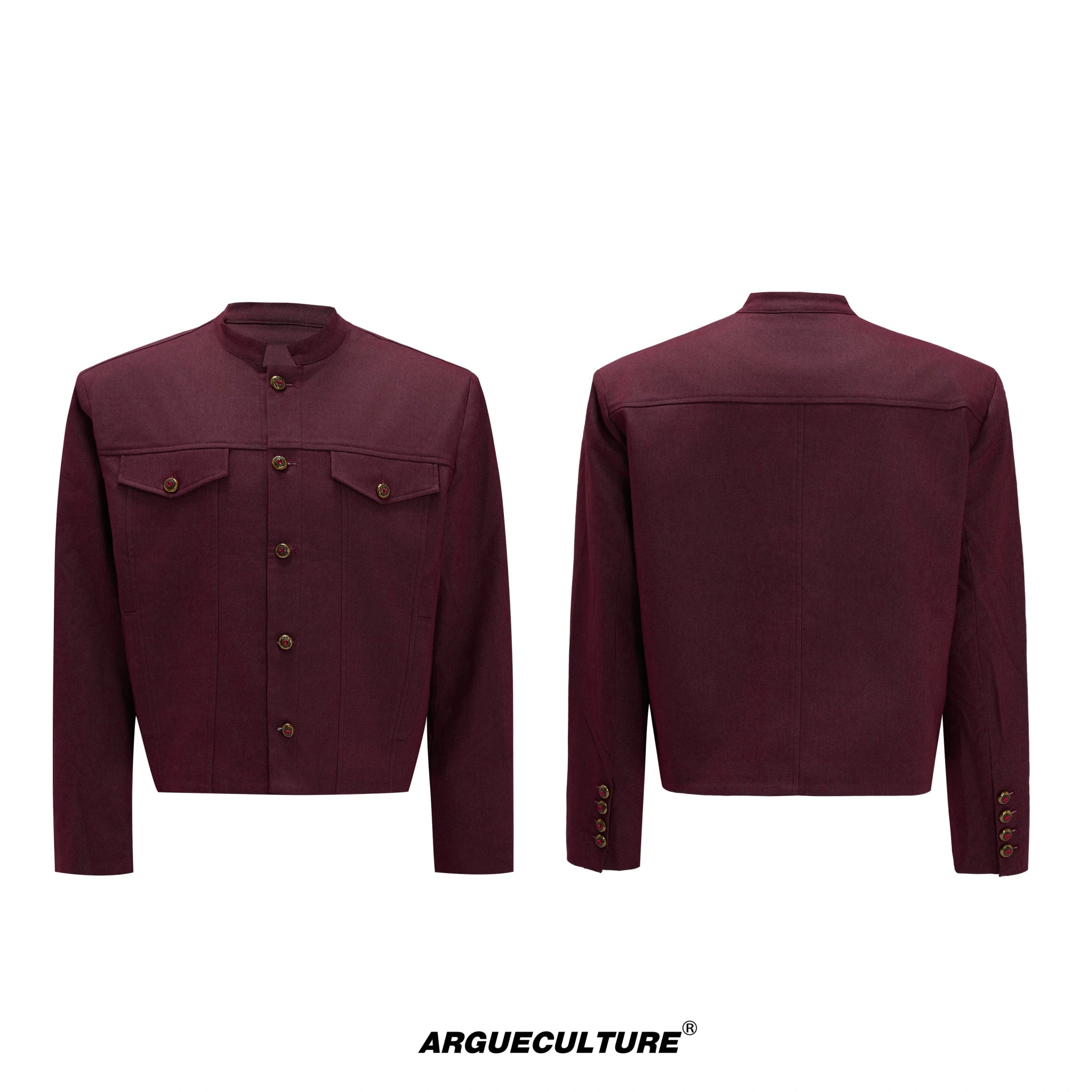 Cropped Stand-Collar Cotton-Wool Jacket Set - Red Top