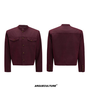 Cropped Stand-Collar Cotton-Wool Jacket Set - Red Top