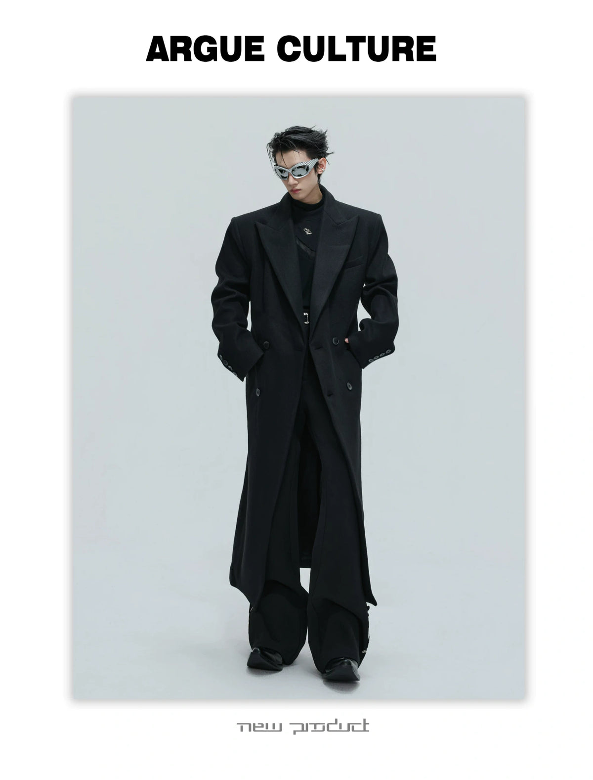 Black Asymmetric Wool-Blend Long Coat | Double-Breasted - description image 5