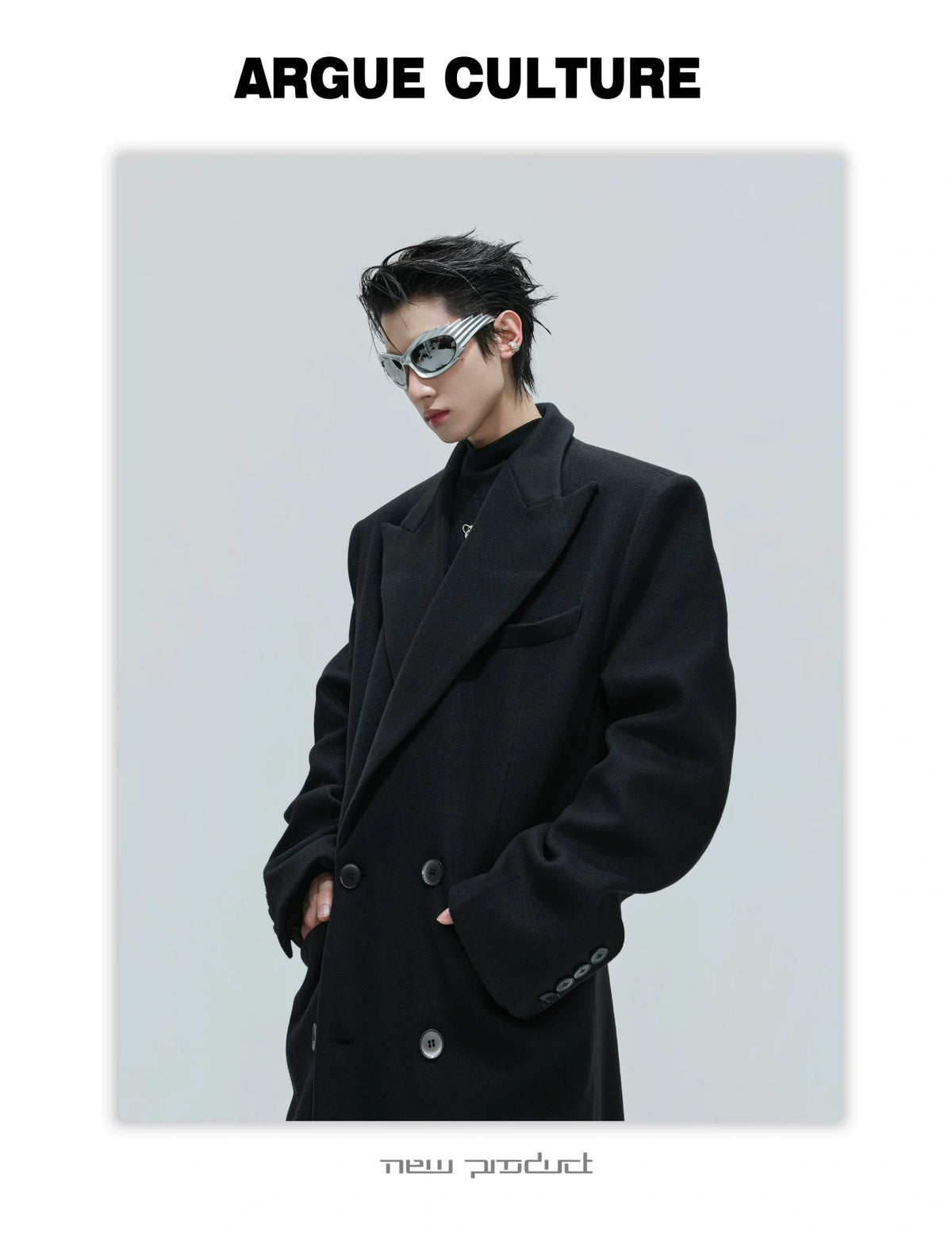 Black Asymmetric Wool-Blend Long Coat | Double-Breasted - description image 7