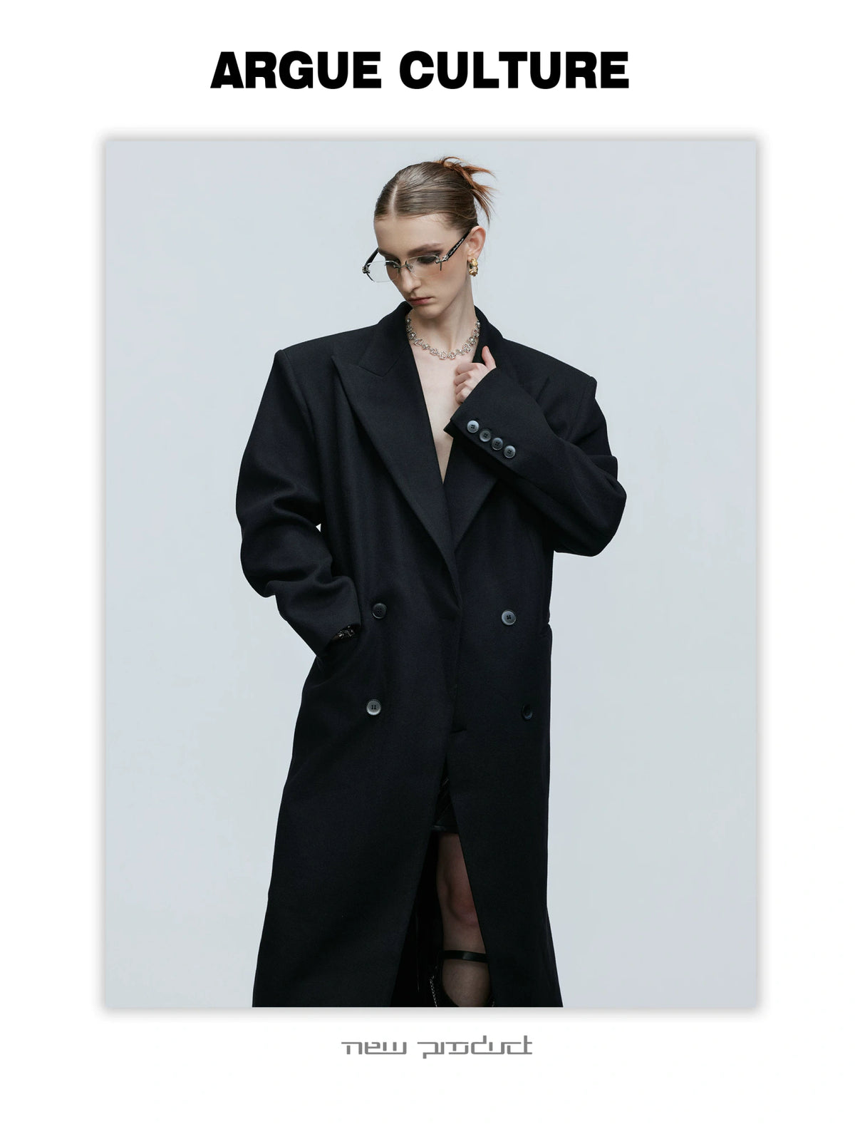 Black Asymmetric Wool-Blend Long Coat | Double-Breasted - description image 9