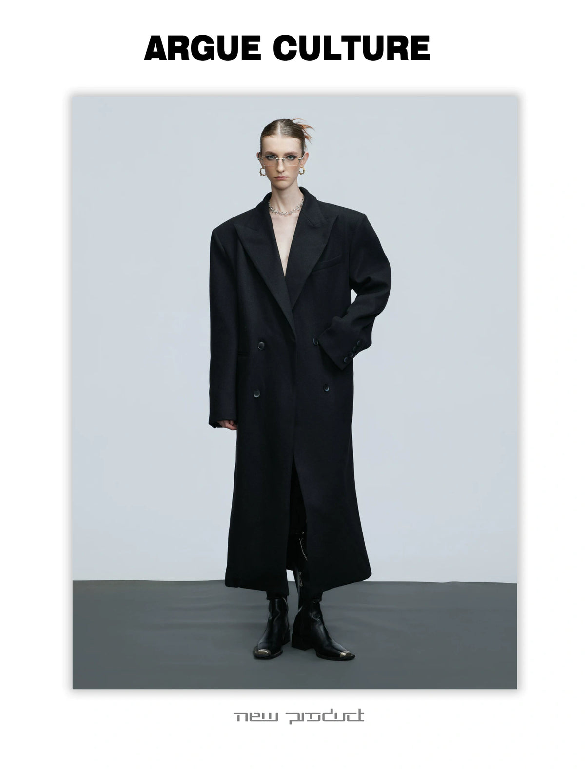 Black Asymmetric Wool-Blend Long Coat | Double-Breasted - description image 11