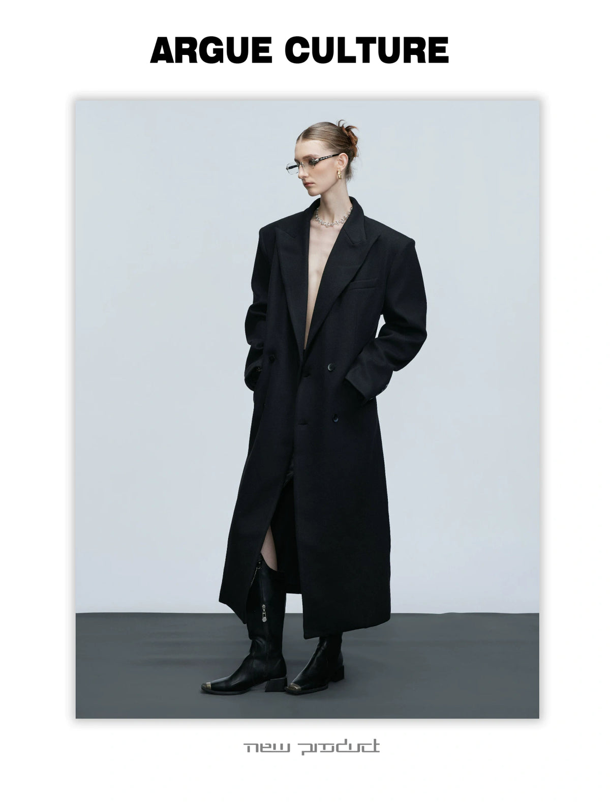 Black Asymmetric Wool-Blend Long Coat | Double-Breasted - description image 12