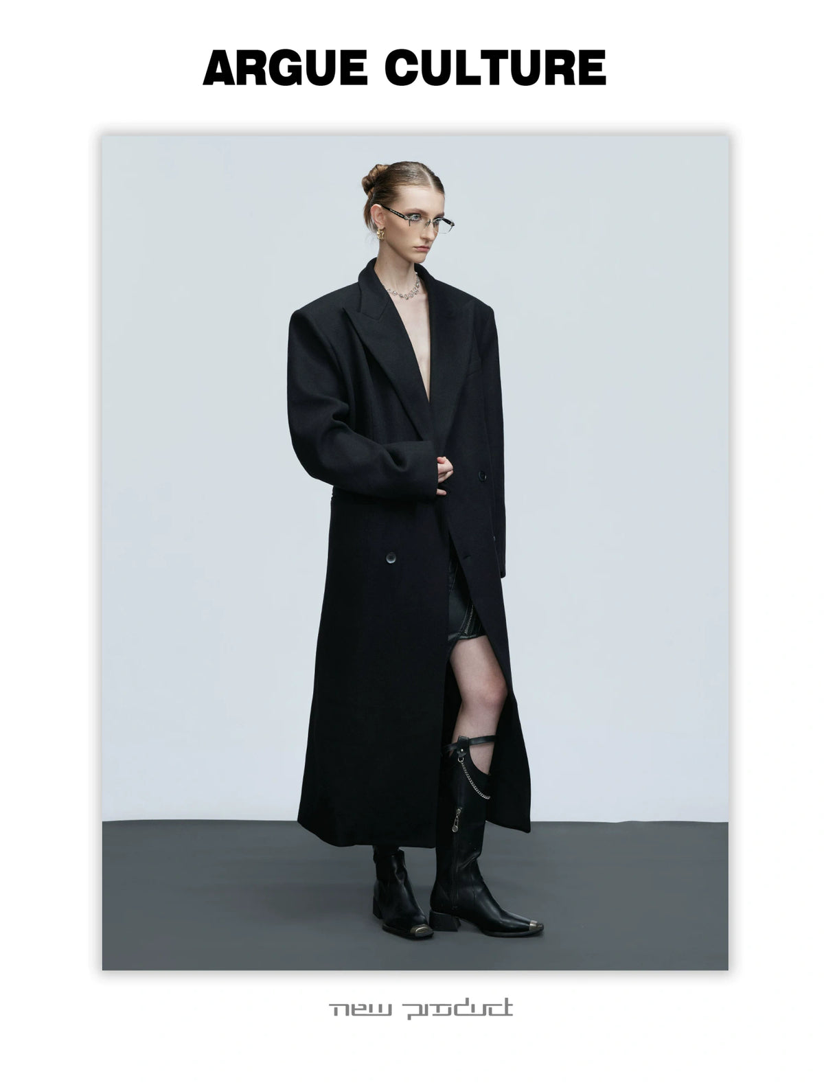 Black Asymmetric Wool-Blend Long Coat | Double-Breasted - description image 13