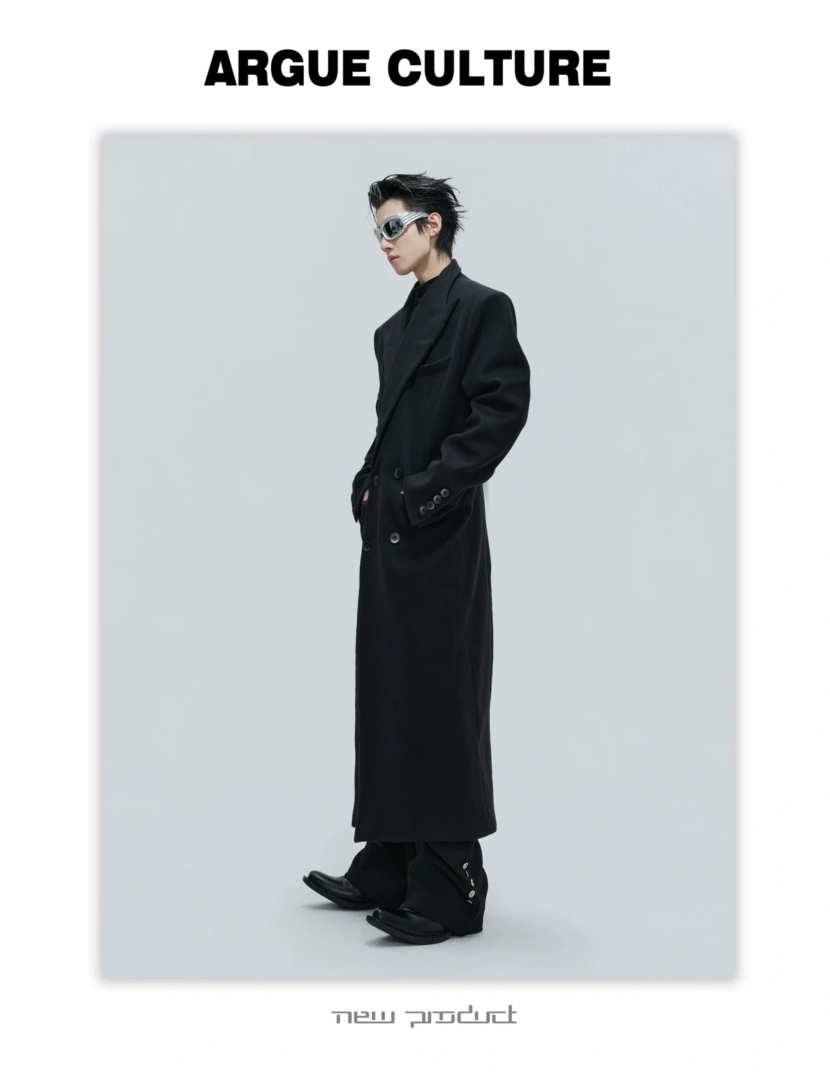 Black Asymmetric Wool-Blend Long Coat | Double-Breasted - description image 14
