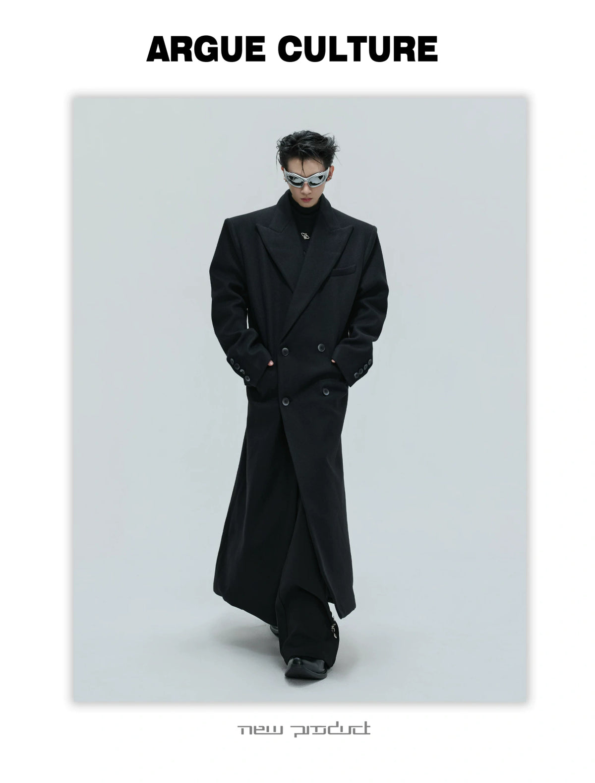 Black Asymmetric Wool-Blend Long Coat | Double-Breasted - description image 15